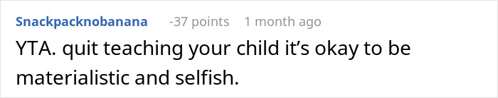 Text comment criticizing for not giving away a child’s rare backpack, mentioning materialism and selfishness. Text comment criticizing for not giving away a child’s rare backpack, mentioning materialism and selfishness.