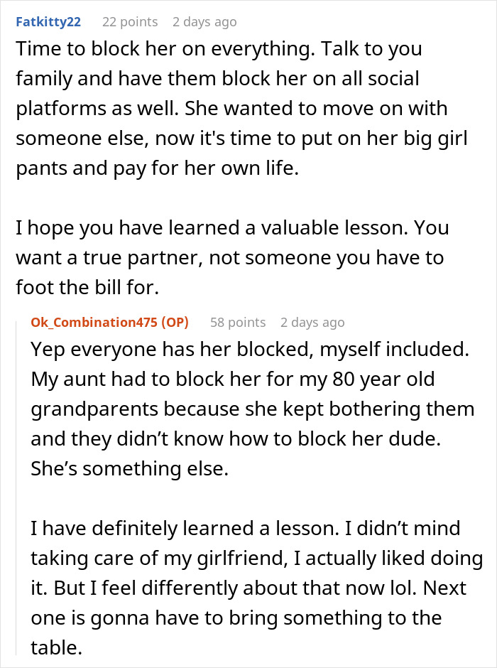 Reddit comments discuss ex-girlfriend's entitlement and blocking her after cheating. Reddit comments discuss ex-girlfriend's entitlement and blocking her after cheating.