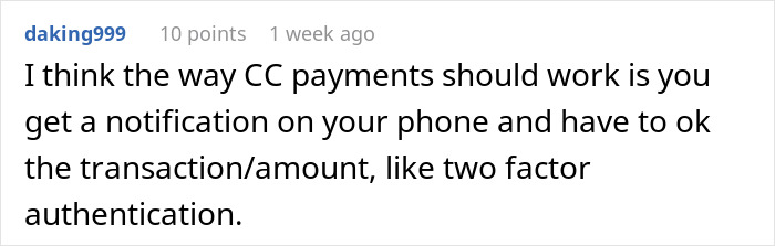 Comment discussing credit card payments and transaction authentication. Comment discussing credit card payments and transaction authentication.