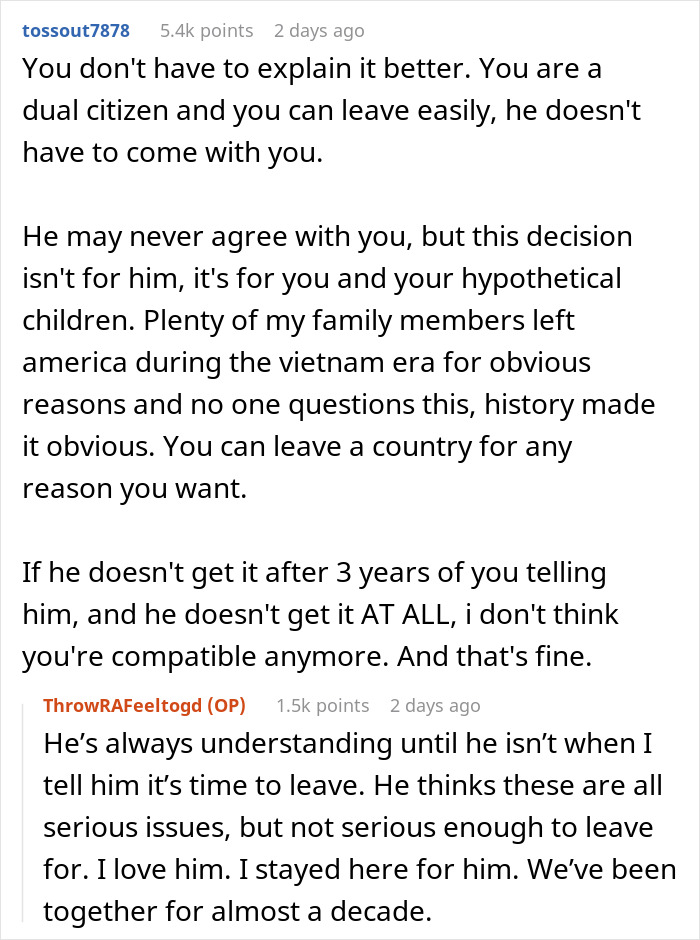 Comments discussing a woman's ultimatum to her husband about starting a family and leaving the country. Comments discussing a woman's ultimatum to her husband about starting a family and leaving the country.