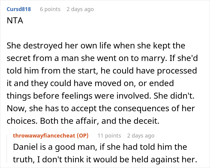 Reddit thread discussing the consequences of deceit and affairs, highlighting an exposed past. Reddit thread discussing the consequences of deceit and affairs, highlighting an exposed past.