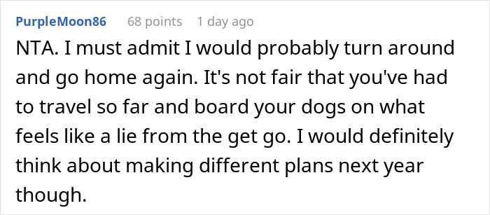Reddit user comment discussing fairness of travel and holiday plans. Reddit user comment discussing fairness of travel and holiday plans.