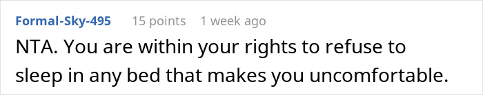 Reddit comment discussing a woman's feelings about her boyfriend's uncomfortable bed. Reddit comment discussing a woman's feelings about her boyfriend's uncomfortable bed.