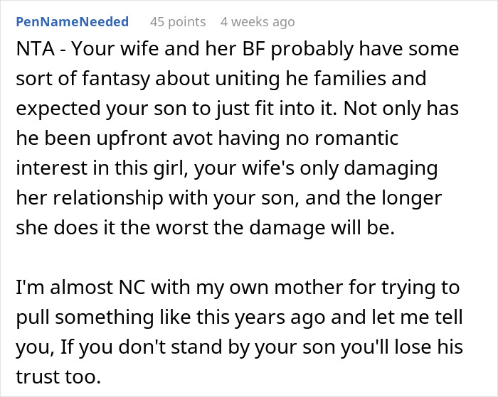 Text discussion on family dynamics, supporting a son's choice against arranged companionship, emphasizes parental support. Text discussion on family dynamics, supporting a son's choice against arranged companionship, emphasizes parental support.
