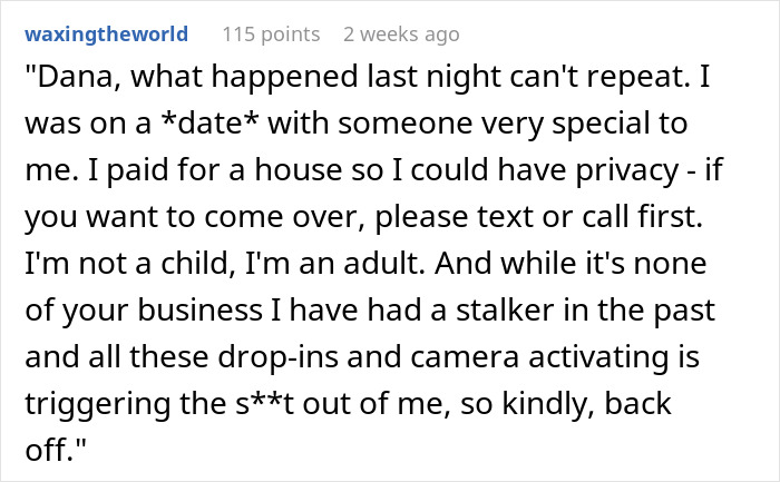 Text response to HOA president's actions, expressing desire for privacy and request for boundaries. Text response to HOA president's actions, expressing desire for privacy and request for boundaries.