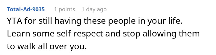Text comment criticizing a couple for tolerating others' behavior during family holidays. Text comment criticizing a couple for tolerating others' behavior during family holidays.