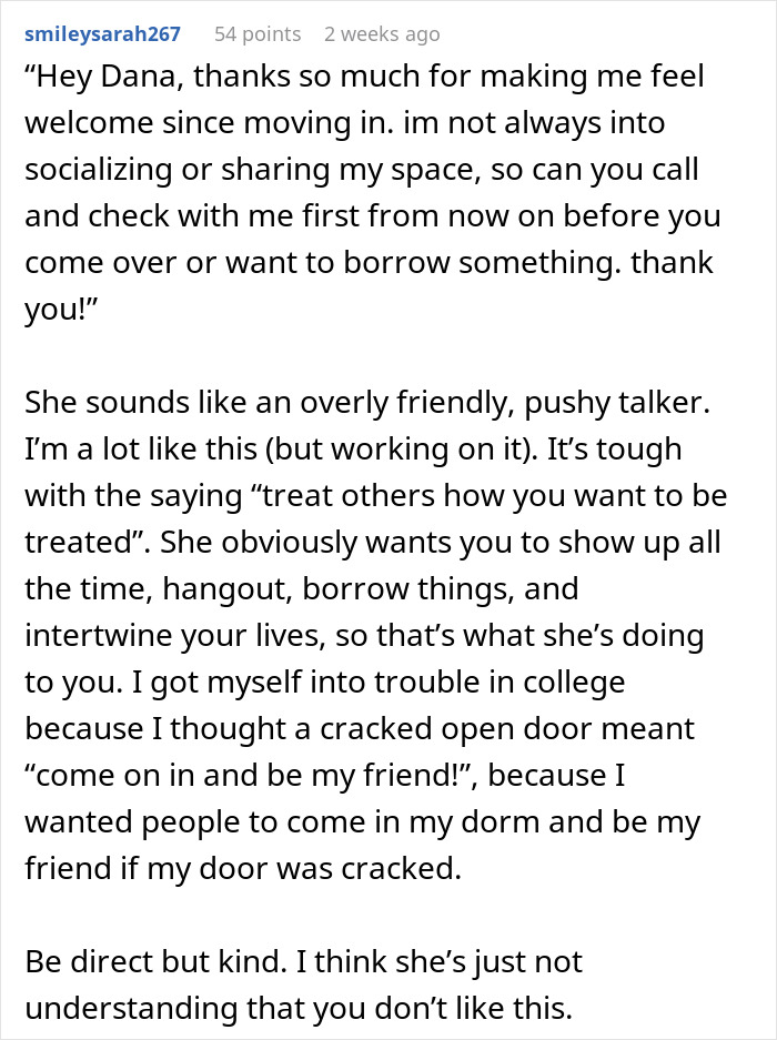 Text conversation about feeling overwhelmed by an overly friendly neighbor, mentioning boundaries and direct communication. Text conversation about feeling overwhelmed by an overly friendly neighbor, mentioning boundaries and direct communication.
