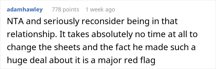 Comment criticizes boyfriend's reaction to bed condition, suggests it's a relationship red flag. Comment criticizes boyfriend's reaction to bed condition, suggests it's a relationship red flag.