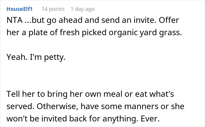 Text exchange about not inviting brother's girlfriend to Thanksgiving, with sarcastic food suggestions. Text exchange about not inviting brother's girlfriend to Thanksgiving, with sarcastic food suggestions.