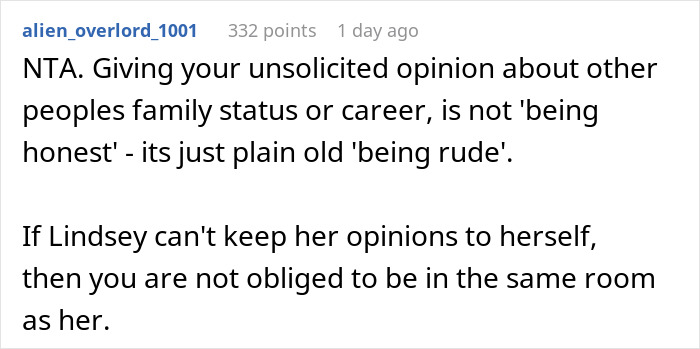 Text comment discussing rudeness as honesty, causing drama at a family dinner. Text comment discussing rudeness as honesty, causing drama at a family dinner.