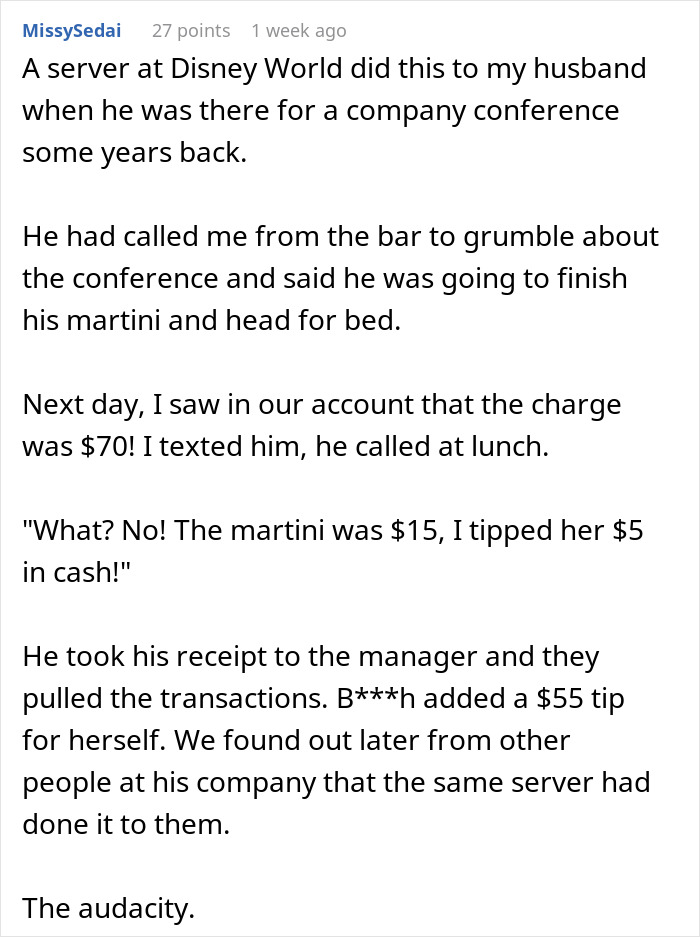 Text describing a server at Disney World giving himself a stealth tip, causing accusations of unauthorized charges. Text describing a server at Disney World giving himself a stealth tip, causing accusations of unauthorized charges.