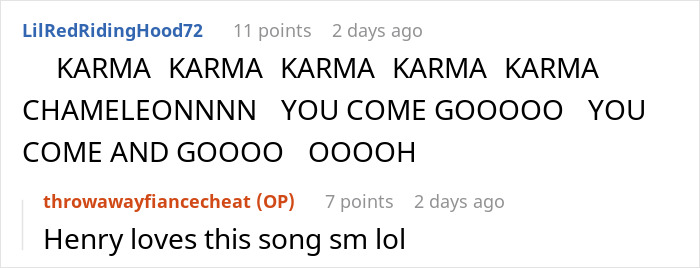 Reddit comment about "Karma Chameleon" and a reply mentioning Henry loving the song, related to a cheating revelation. Reddit comment about "Karma Chameleon" and a reply mentioning Henry loving the song, related to a cheating revelation.