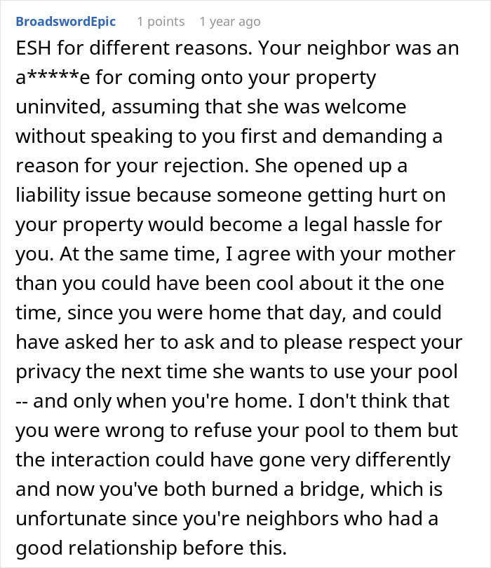 Text response discussing the situation of a woman kicking her mom out of a pool for using it without permission. Text response discussing the situation of a woman kicking her mom out of a pool for using it without permission.