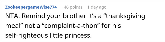 Comment discussing Thanksgiving meal dynamics and family issues. Comment discussing Thanksgiving meal dynamics and family issues.