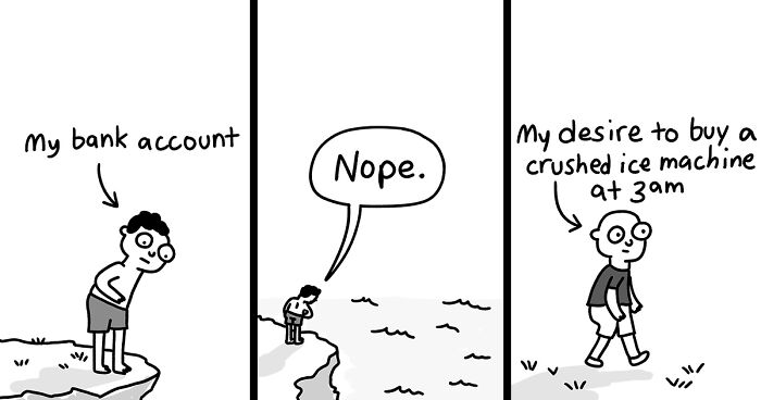 Black and white everyday comic by Andy Babbitz showing a man debating a late-night impulse purchase with clever twists.