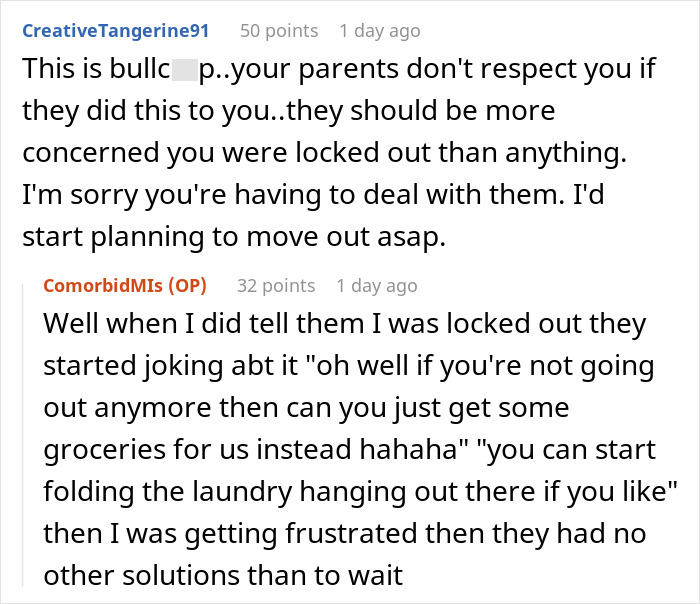 Reddit comments discussing parents disrespecting a 20-year-old after losing keys. Reddit comments discussing parents disrespecting a 20-year-old after losing keys.