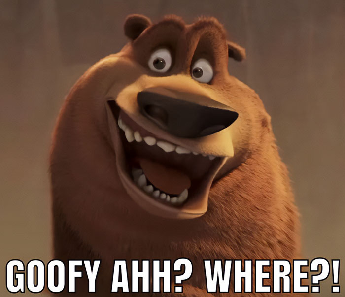 Cartoon bear with a goofy expression and caption, representing "Goofy Ahh" meme style humor.
