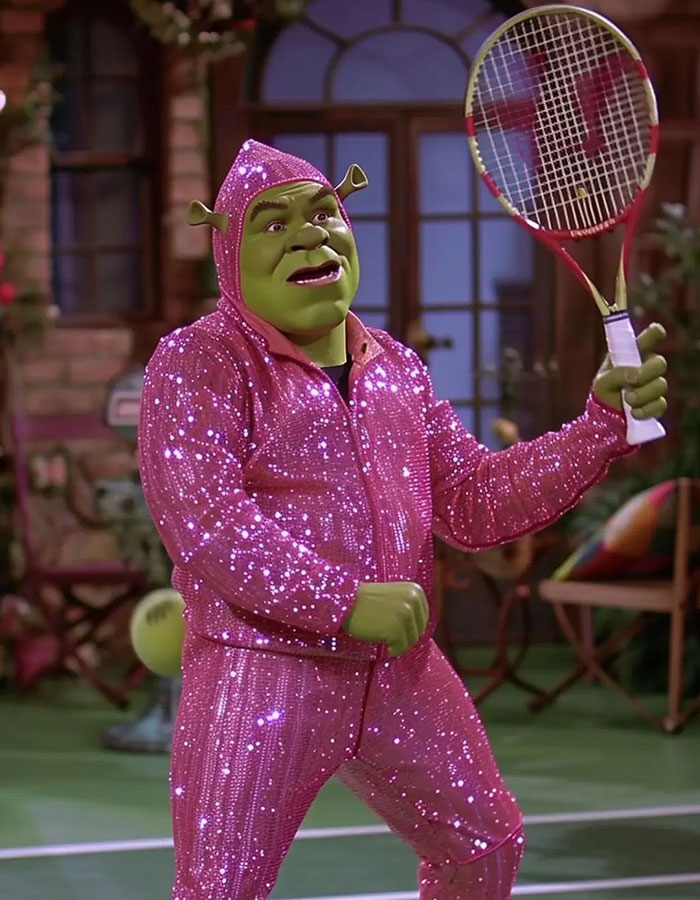Character in sparkly pink suit playing tennis, embodying the humor of "Goofy Ahh" memes.