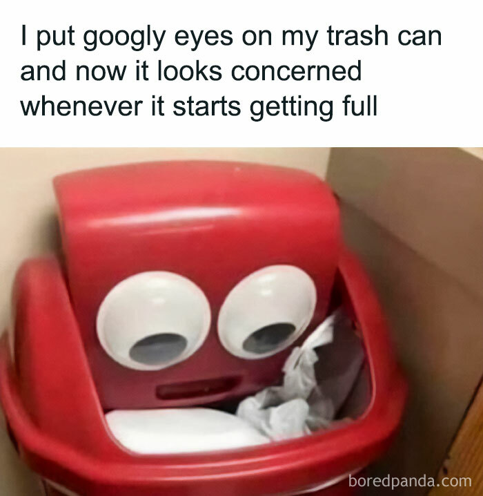 Goofy Ahh meme: Trash can with googly eyes looking concerned as it fills with trash.