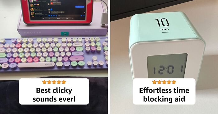 Colorful retro mechanical keyboard and minimalist digital timer as office essentials for work-from-home warriors to boost productivity.