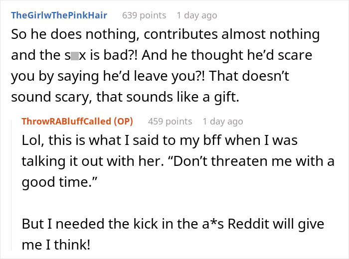 Reddit thread discussing a husband's attempted manipulation and being called a bluff by the original poster. Reddit thread discussing a husband's attempted manipulation and being called a bluff by the original poster.