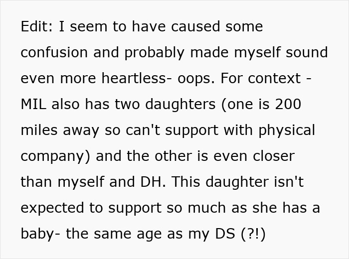Text discussing a grieving MIL expecting care from her son and wife, causing annoyance due to family dynamics. Text discussing a grieving MIL expecting care from her son and wife, causing annoyance due to family dynamics.