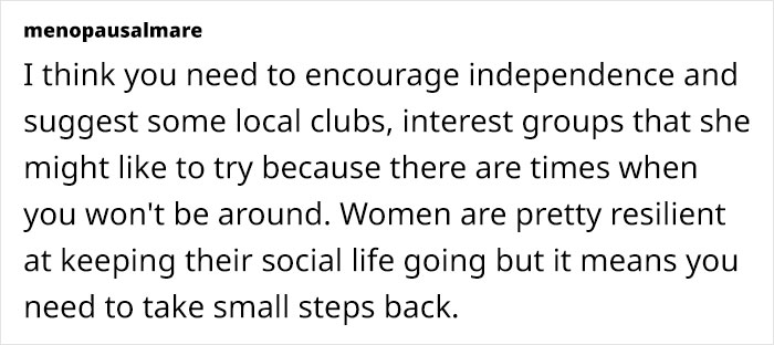 Text about encouraging independence for grieving mother-in-law through local clubs and interest groups. Text about encouraging independence for grieving mother-in-law through local clubs and interest groups.