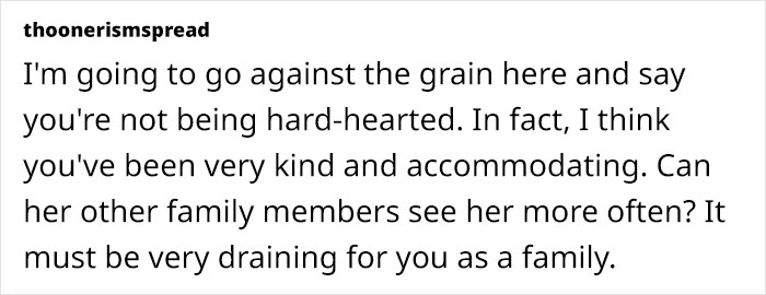 Text comment discussing family dynamics and care expectations, highlighting emotional strain on the couple. Text comment discussing family dynamics and care expectations, highlighting emotional strain on the couple.