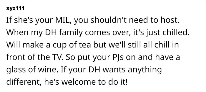 Text exchange about MIL expectations and hosting duties with humorous advice. Text exchange about MIL expectations and hosting duties with humorous advice.