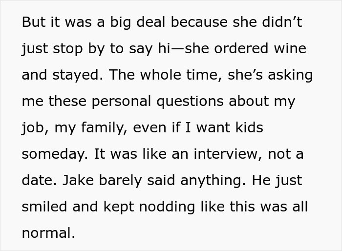 Text describing an awkward date where a woman is asked personal questions by her date's mother. Text describing an awkward date where a woman is asked personal questions by her date's mother.