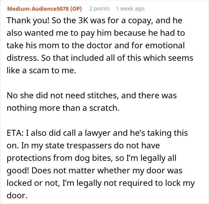 Text exchange about a woman's legal stance on not paying $3,000 after her dog bit a trespassing neighbor. Text exchange about a woman's legal stance on not paying $3,000 after her dog bit a trespassing neighbor.