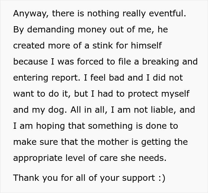 Text about woman refusing to pay after her dog bit neighbor during a break-in. Text about woman refusing to pay after her dog bit neighbor during a break-in.