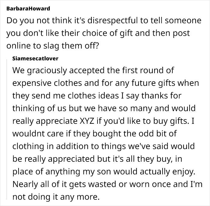 Lady Looks Gift Horse In The Mouth After MIL Gifts Grandchild Clothes, Not Toys, Netizens Slam Her Lady Looks Gift Horse In The Mouth After MIL Gifts Grandchild Clothes, Not Toys, Netizens Slam Her