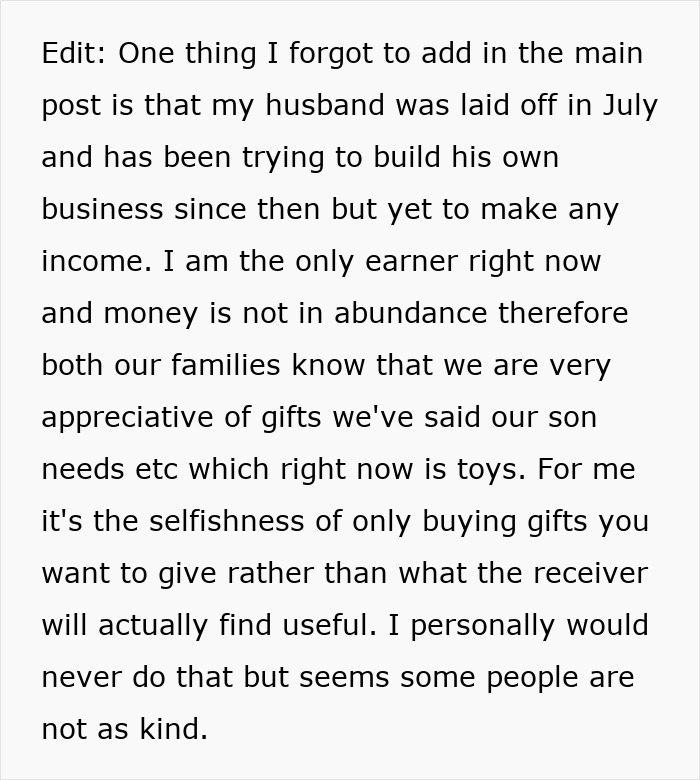 Lady Looks Gift Horse In The Mouth After MIL Gifts Grandchild Clothes, Not Toys, Netizens Slam Her Lady Looks Gift Horse In The Mouth After MIL Gifts Grandchild Clothes, Not Toys, Netizens Slam Her