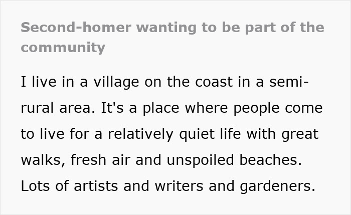 Text describes new couple in town seeking community in a coastal village known for quiet life and artistic residents. Text describes new couple in town seeking community in a coastal village known for quiet life and artistic residents.