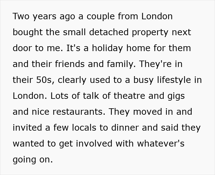 New couple from London moves into a small holiday home, seeking local engagement and community involvement. New couple from London moves into a small holiday home, seeking local engagement and community involvement.