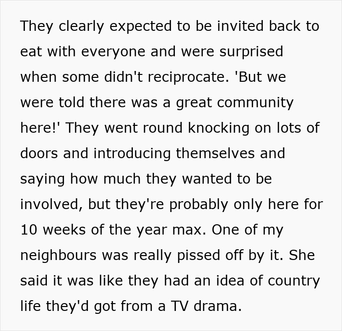 Text highlighting new couple's expectations of community welcome versus reality. Text highlighting new couple's expectations of community welcome versus reality.