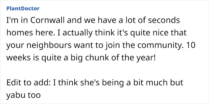 Text response discussing neighbors joining the community in Cornwall, mentioning second homes and community integration. Text response discussing neighbors joining the community in Cornwall, mentioning second homes and community integration.