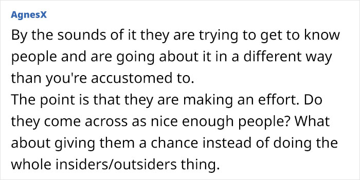 Text comment discussing a new couple's efforts to get to know neighbors and suggesting giving them a chance. Text comment discussing a new couple's efforts to get to know neighbors and suggesting giving them a chance.
