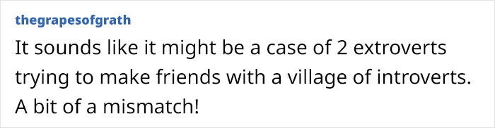 Text from social media about a couple trying to fit in and the challenges of making friends in a new town. Text from social media about a couple trying to fit in and the challenges of making friends in a new town.