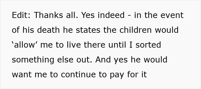 Text exchange about a woman considering leaving her uncommitted partner regarding living arrangements after his death. Text exchange about a woman considering leaving her uncommitted partner regarding living arrangements after his death.