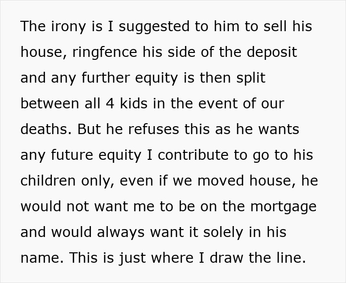 Text discussing a woman's frustration with her partner's refusal to share future equity, leading to her decision to leave him. Text discussing a woman's frustration with her partner's refusal to share future equity, leading to her decision to leave him.