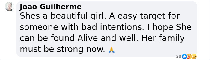 Comment expressing concern over missing woman case and offering prayers for her safe return. Comment expressing concern over missing woman case and offering prayers for her safe return.