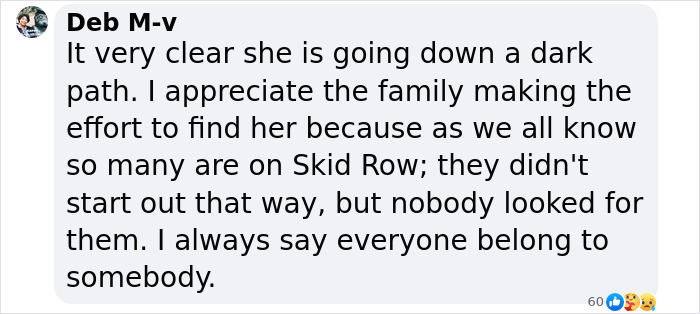 Comment discussing efforts to find missing woman Hannah Kobayashi, mentioning family and Skid Row. Comment discussing efforts to find missing woman Hannah Kobayashi, mentioning family and Skid Row.