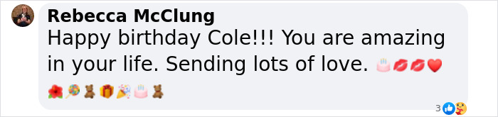 Comment wishing Cole a happy birthday with emoticons, shared for a deaf therapy dog's special day. Comment wishing Cole a happy birthday with emoticons, shared for a deaf therapy dog's special day.