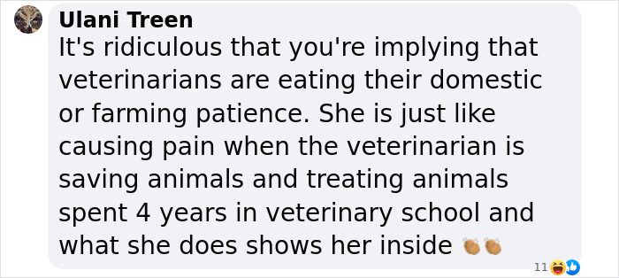 Text comment expressing opinion on veterinarians, defending their role in animal care. Text comment expressing opinion on veterinarians, defending their role in animal care.
