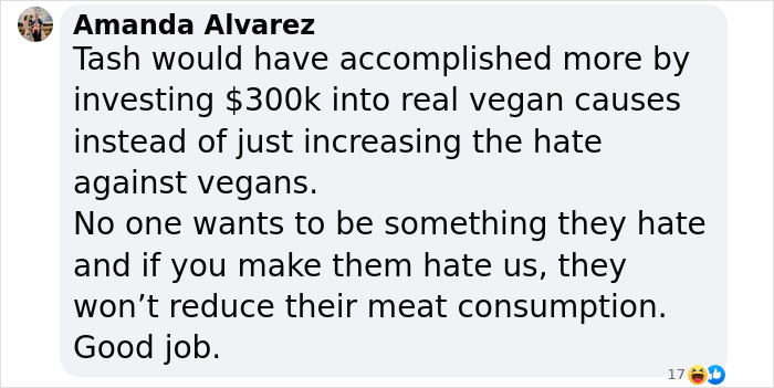 Comment by Amanda Alvarez criticizing vegan activism approach. Comment by Amanda Alvarez criticizing vegan activism approach.