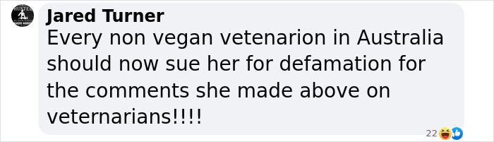 Comment on social media about vegan activist facing defamation issue with Australian veterinarians. Comment on social media about vegan activist facing defamation issue with Australian veterinarians.