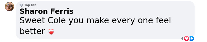Comment praising therapy dog Cole's positive impact with heart emoji. Comment praising therapy dog Cole's positive impact with heart emoji.