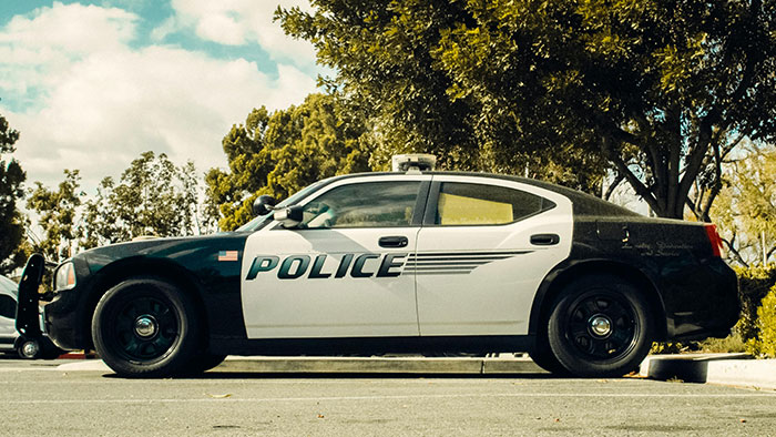Police car parked in a handicapped spot surrounded by trees. Police car parked in a handicapped spot surrounded by trees.